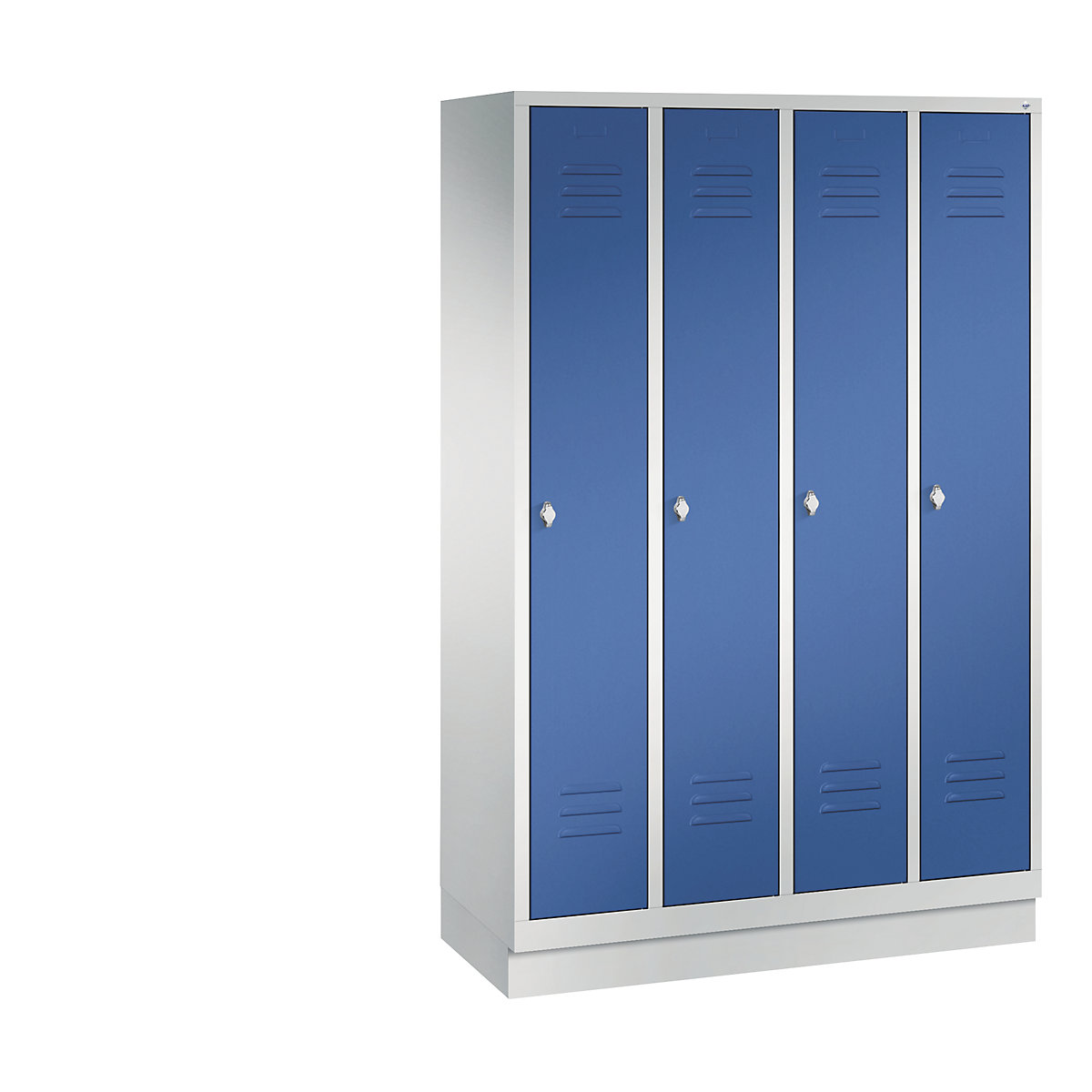 CLASSIC cloakroom locker with plinth – C+P, 4 compartments, compartment width 300 mm, light grey / gentian blue-4