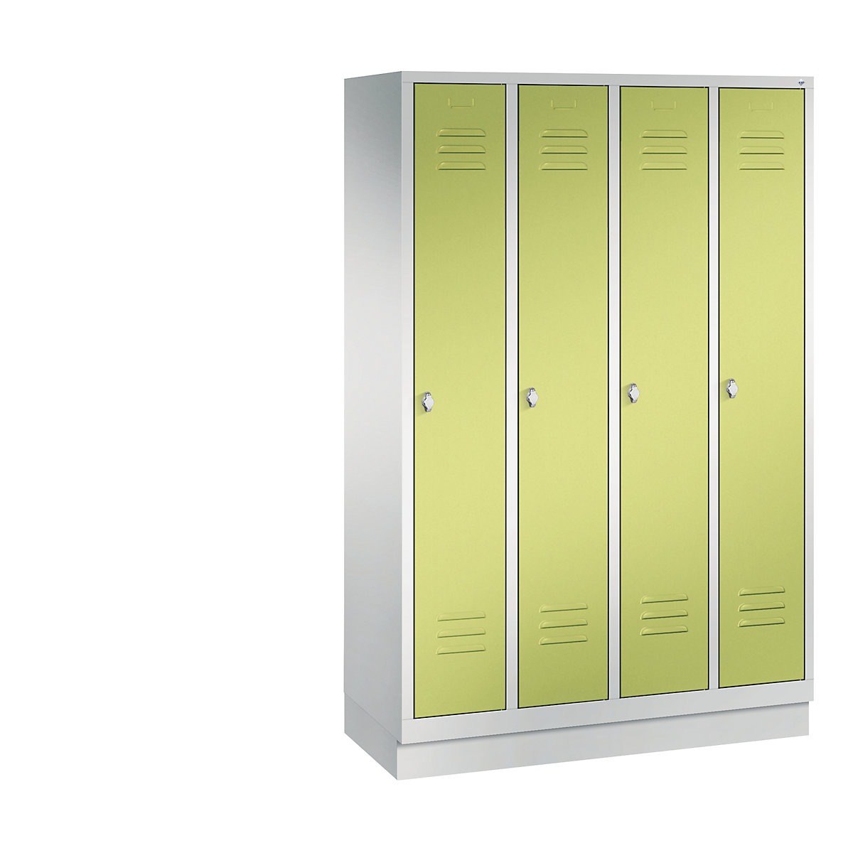 CLASSIC cloakroom locker with plinth – C+P, 4 compartments, compartment width 300 mm, light grey / viridian green-2