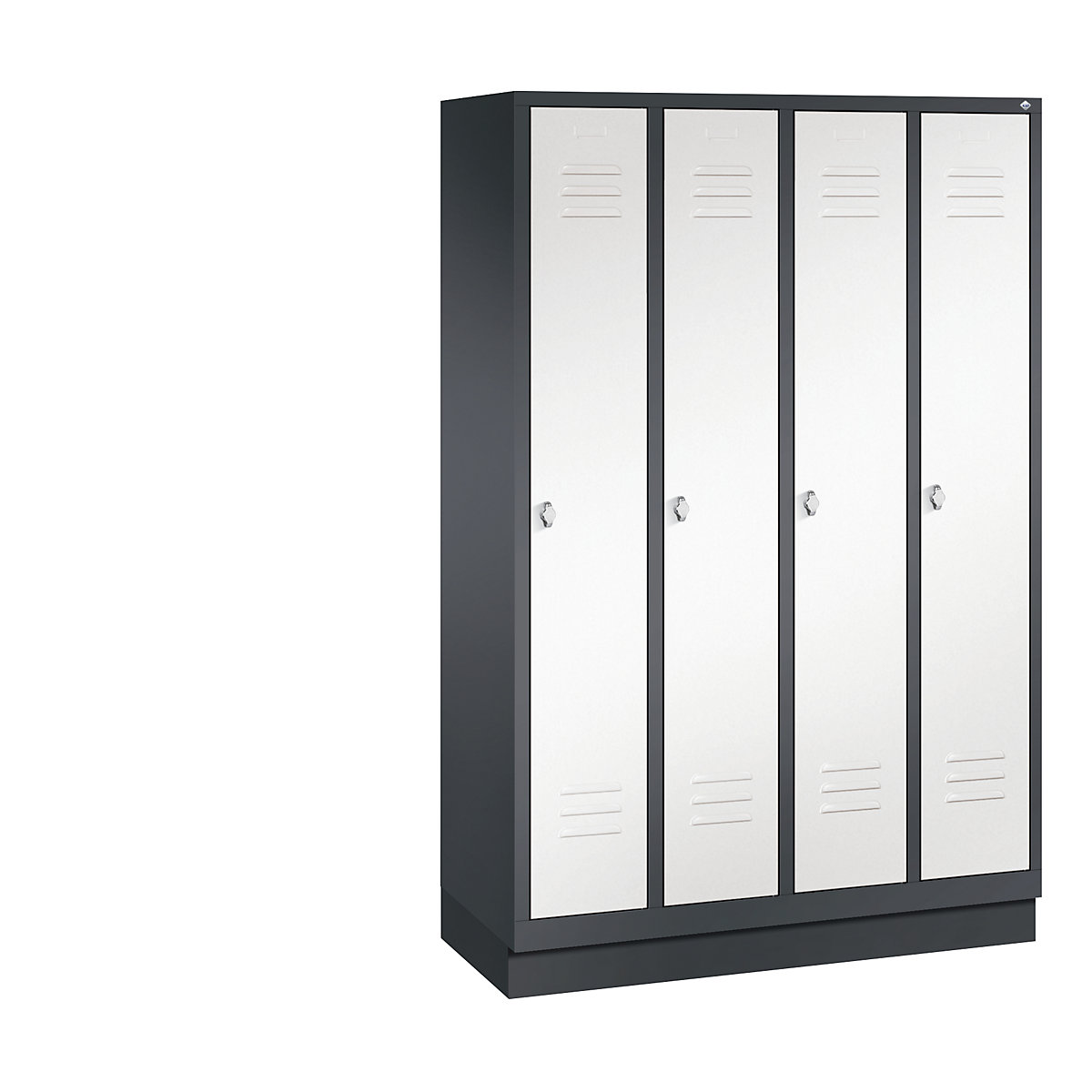 CLASSIC cloakroom locker with plinth – C+P, 4 compartments, compartment width 300 mm, black grey / traffic white-10
