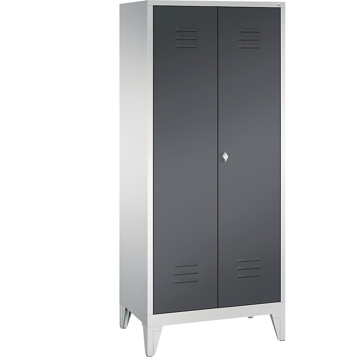 CLASSIC equipment cupboard with feet – C+P, 2 compartments, compartment width 400 mm, light grey / black grey-3