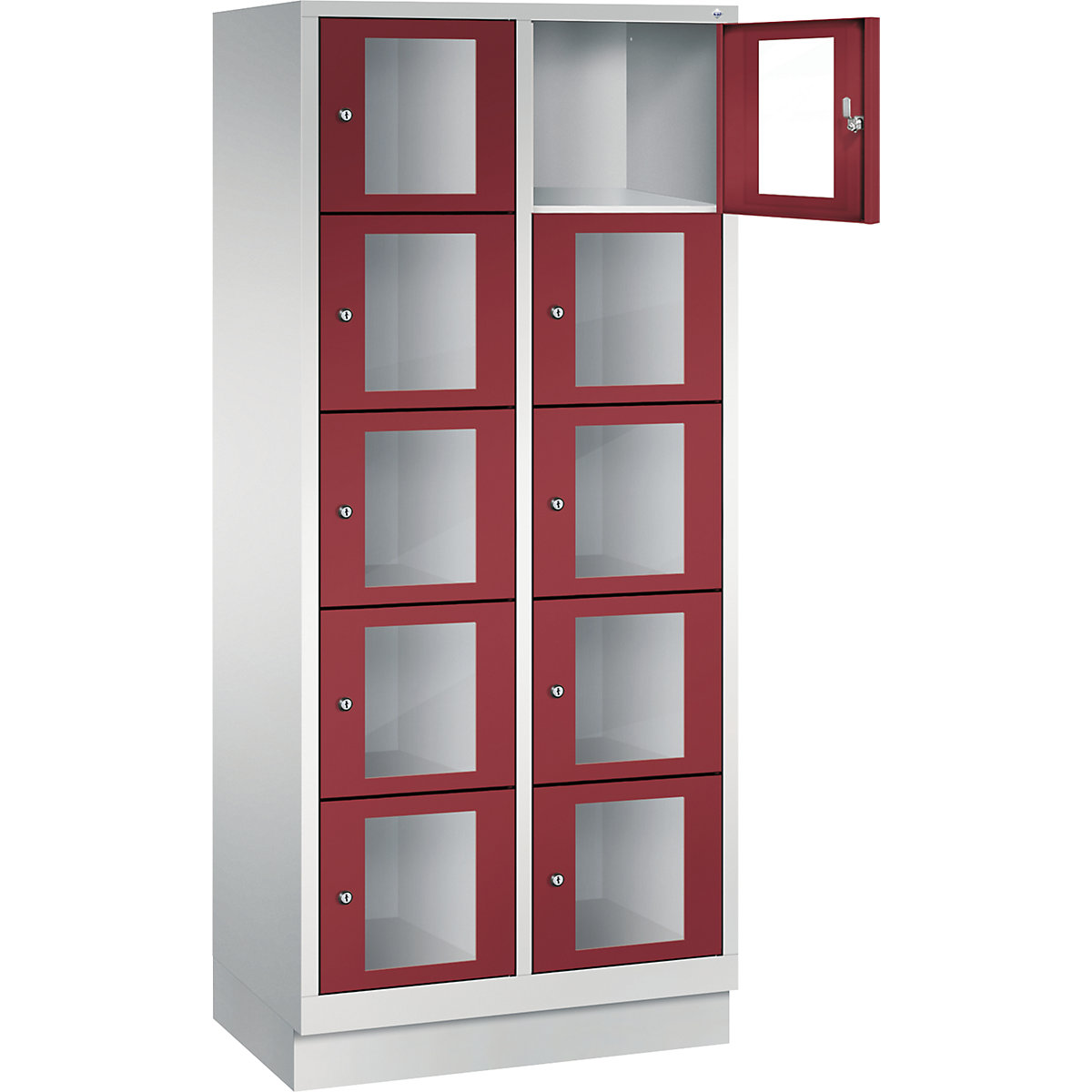 C+P – CLASSIC locker unit, compartment height 295 mm, with plinth, 10 compartments, width 810 mm, ruby red door