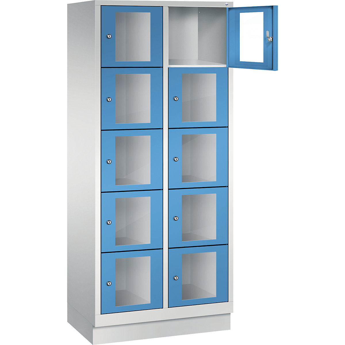 C+P – CLASSIC locker unit, compartment height 295 mm, with plinth, 10 compartments, width 810 mm, light blue door