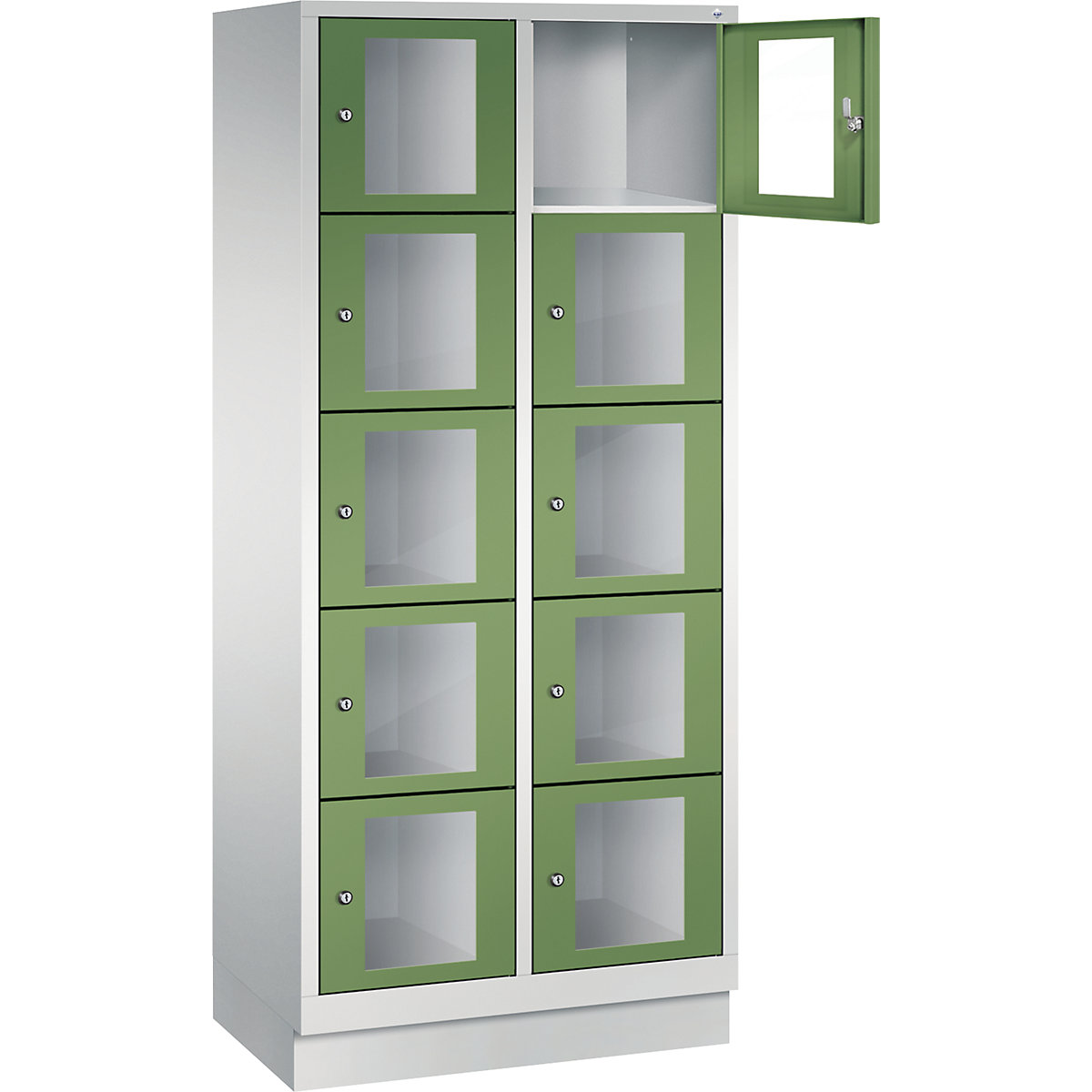 C+P – CLASSIC locker unit, compartment height 295 mm, with plinth, 10 compartments, width 810 mm, reseda green door