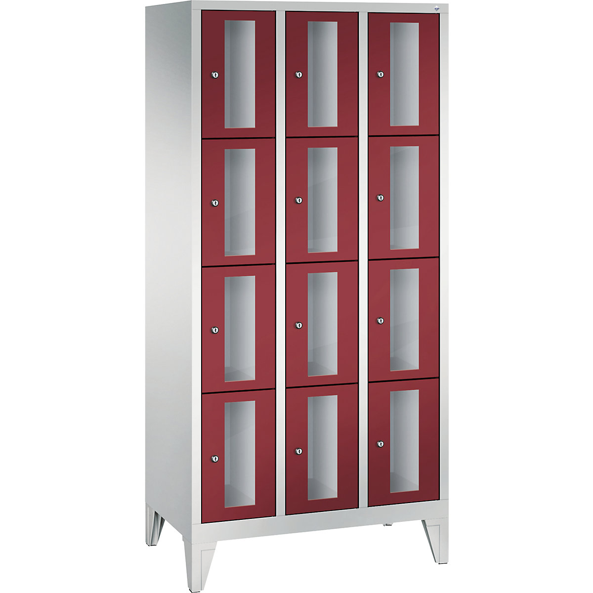 C+P – CLASSIC locker unit, compartment height 375 mm, with feet, 12 compartments, width 900 mm, ruby red door