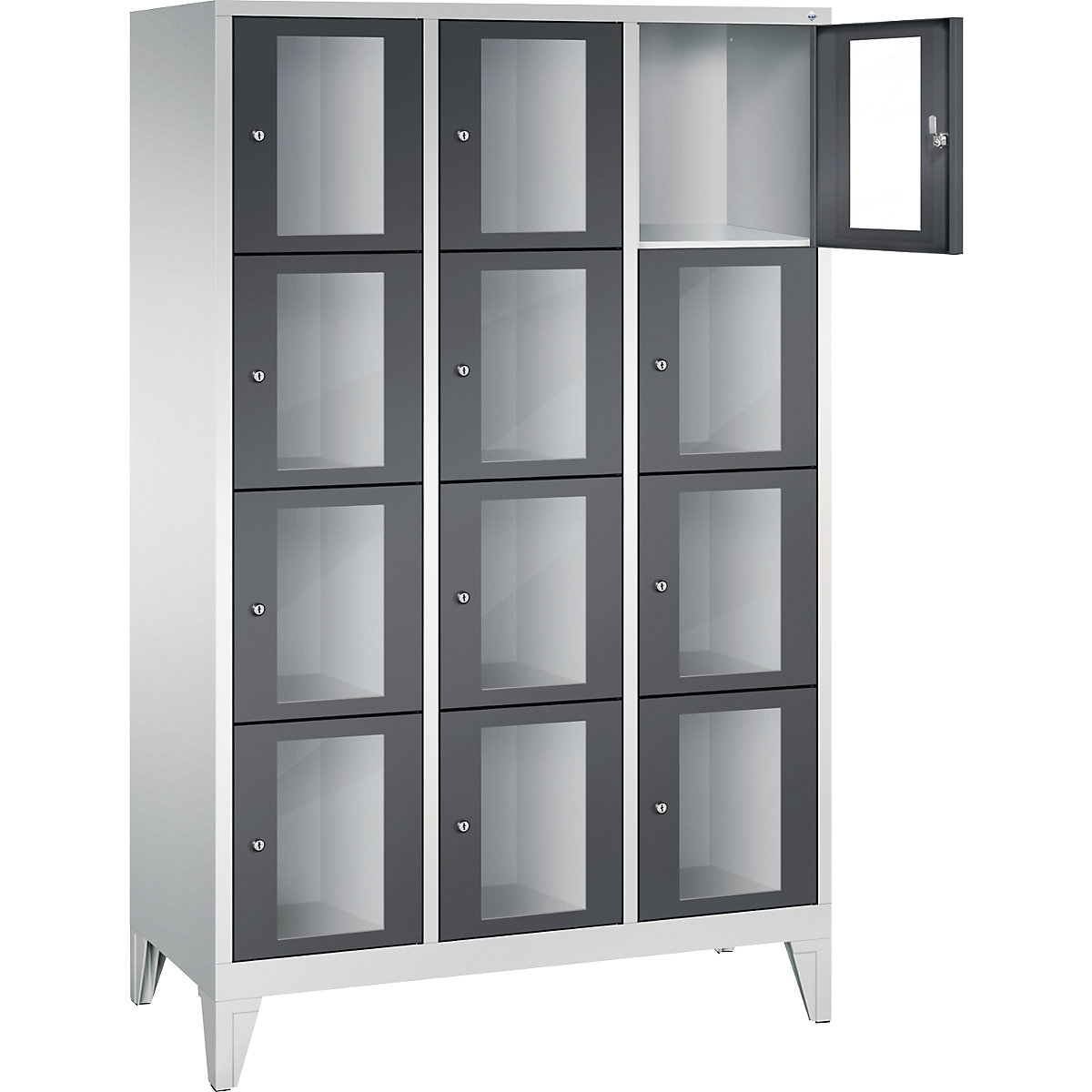 C+P – CLASSIC locker unit, compartment height 375 mm, with feet, 12 compartments, width 1200 mm, black grey door