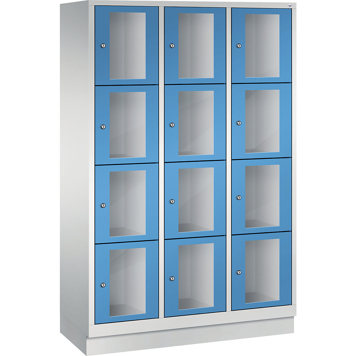 C+P – CLASSIC locker unit, compartment height 375 mm, with plinth, 12 compartments, width 1200 mm, light blue door