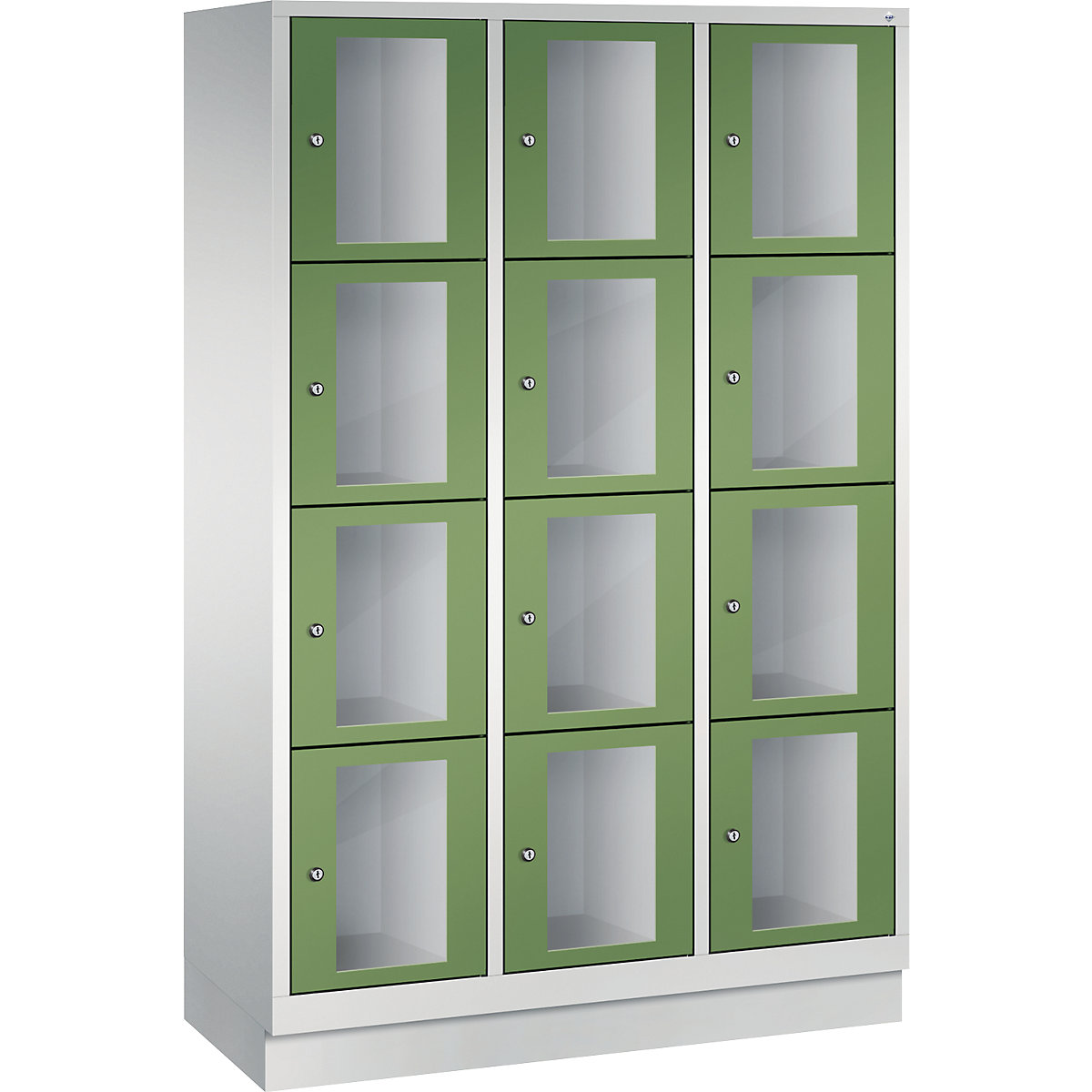 C+P – CLASSIC locker unit, compartment height 375 mm, with plinth, 12 compartments, width 1200 mm, reseda green door