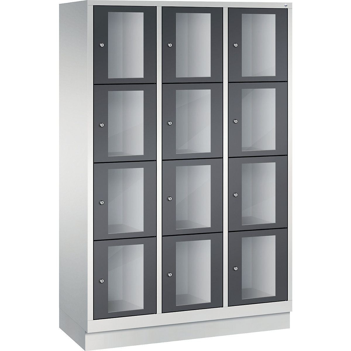 C+P – CLASSIC locker unit, compartment height 375 mm, with plinth, 12 compartments, width 1200 mm, black grey door