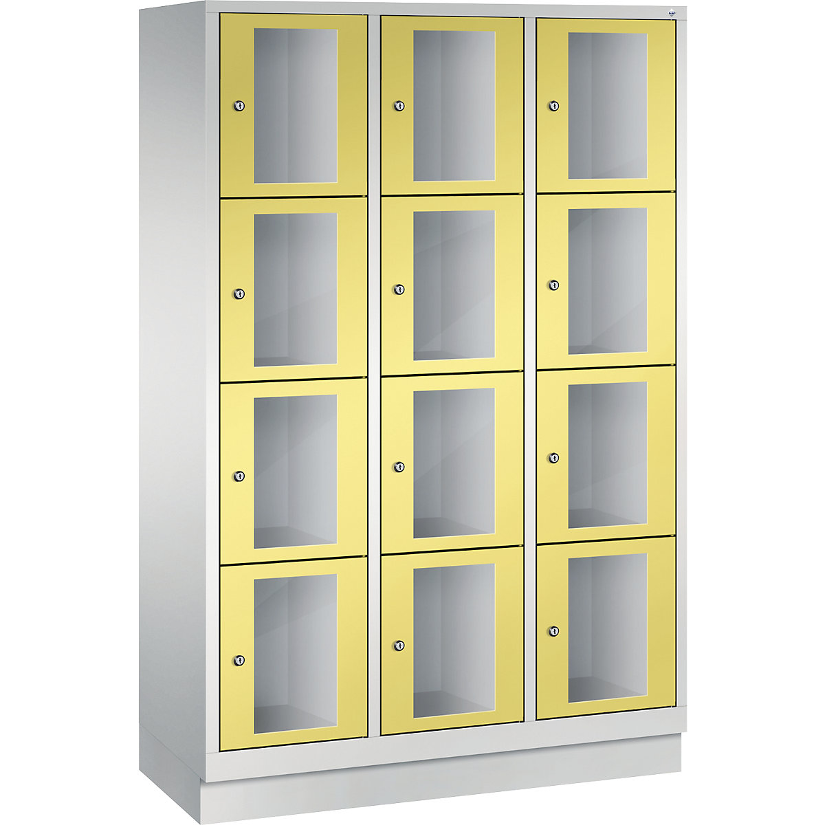 C+P – CLASSIC locker unit, compartment height 375 mm, with plinth, 12 compartments, width 1200 mm, sulphur yellow door