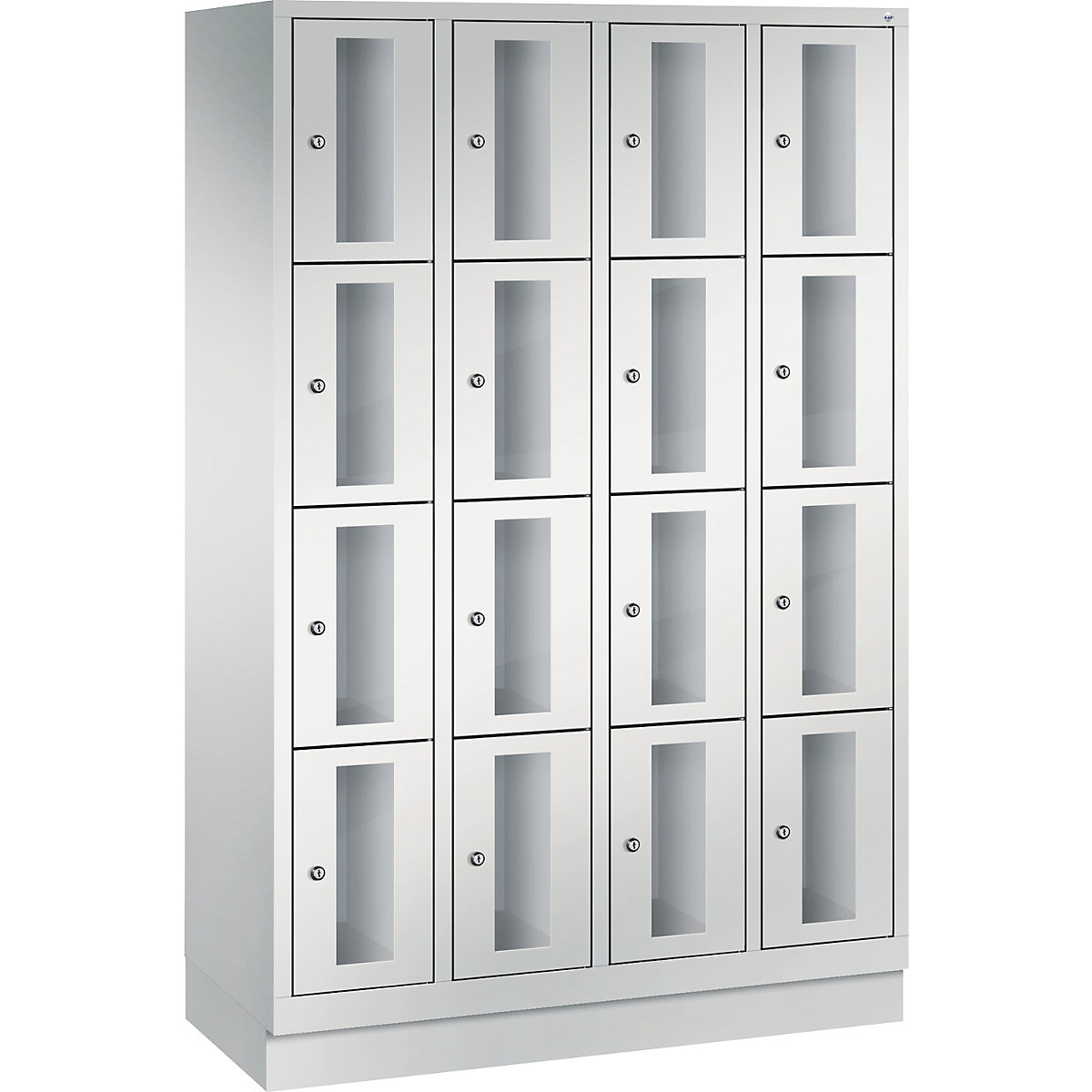 C+P – CLASSIC locker unit, compartment height 375 mm, with plinth, 16 compartments, width 1190 mm, light grey door