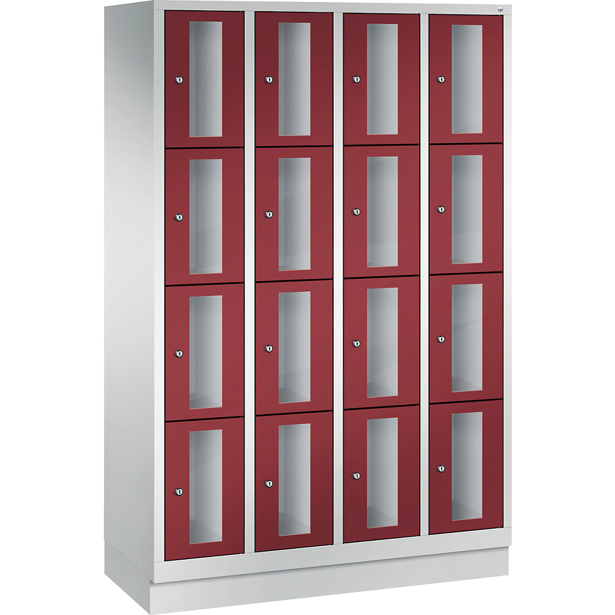 C+P – CLASSIC locker unit, compartment height 375 mm, with plinth, 16 compartments, width 1190 mm, ruby red door