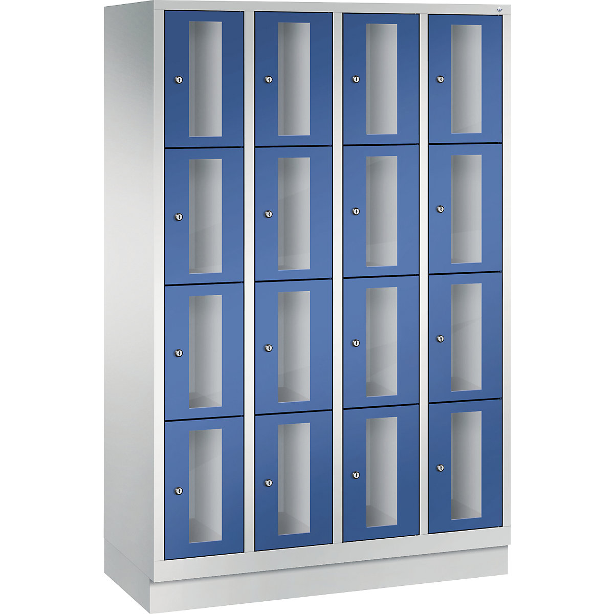C+P – CLASSIC locker unit, compartment height 375 mm, with plinth, 16 compartments, width 1190 mm, gentian blue door