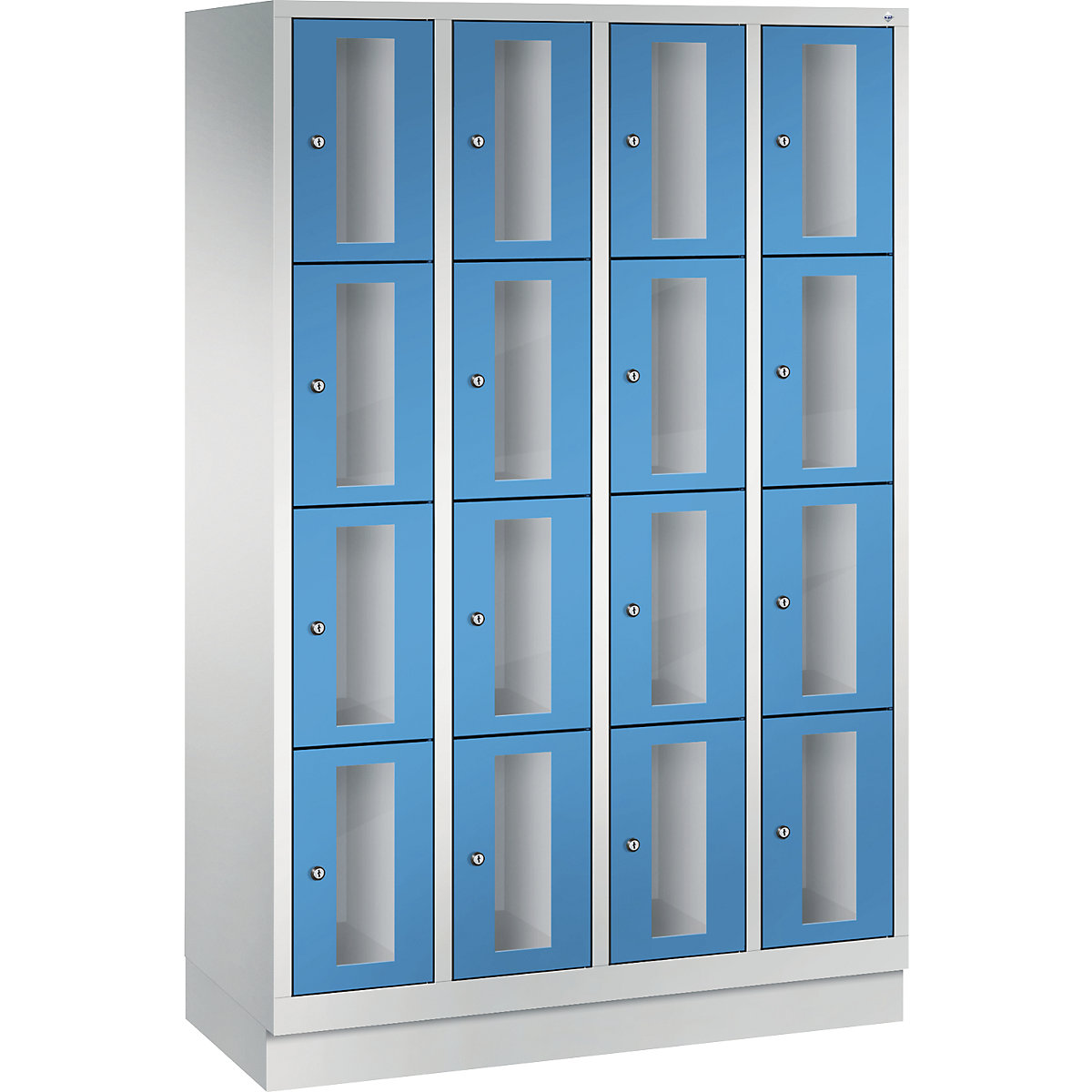 C+P – CLASSIC locker unit, compartment height 375 mm, with plinth, 16 compartments, width 1190 mm, light blue door