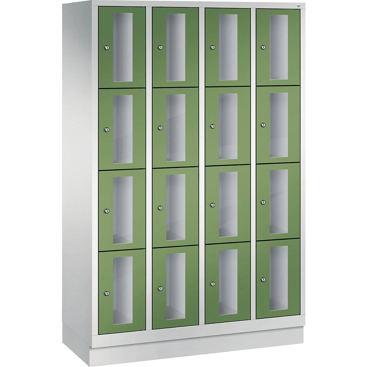C+P – CLASSIC locker unit, compartment height 375 mm, with plinth, 16 compartments, width 1190 mm, reseda green door