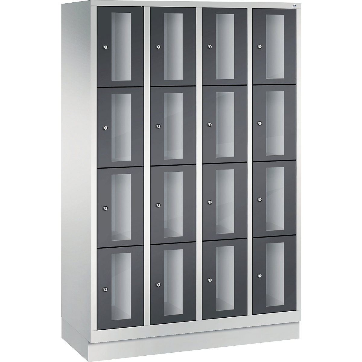 C+P – CLASSIC locker unit, compartment height 375 mm, with plinth, 16 compartments, width 1190 mm, black grey door