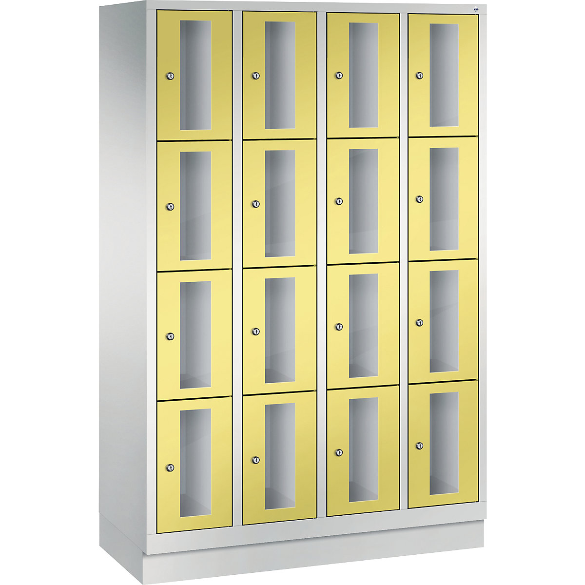 C+P – CLASSIC locker unit, compartment height 375 mm, with plinth, 16 compartments, width 1190 mm, sulphur yellow door