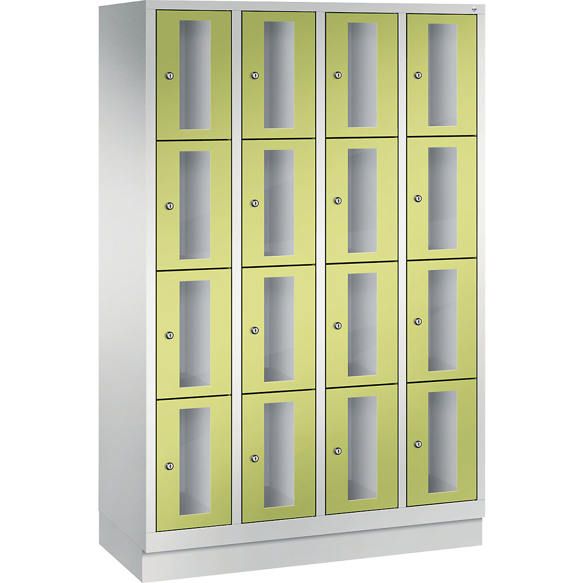 C+P – CLASSIC locker unit, compartment height 375 mm, with plinth, 16 compartments, width 1190 mm, viridian green door