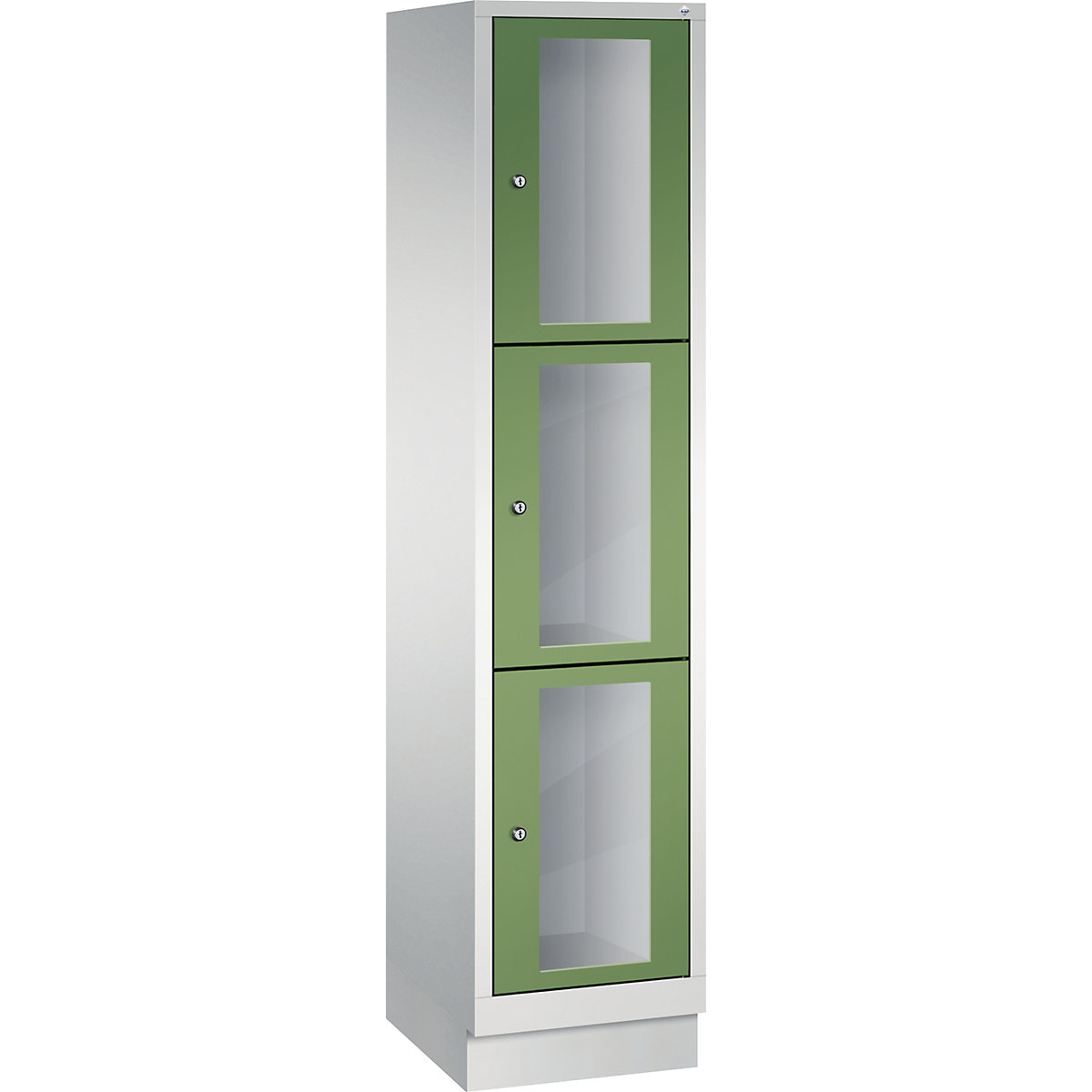C+P – CLASSIC locker unit, compartment height 510 mm, with plinth, 3 compartments, width 420 mm, reseda green door