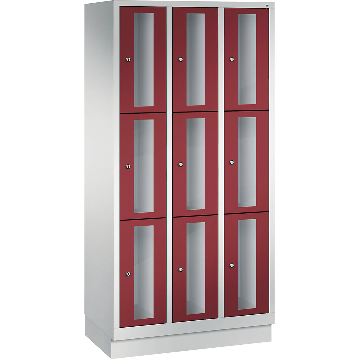 C+P – CLASSIC locker unit, compartment height 510 mm, with plinth, 9 compartments, width 900 mm, ruby red door