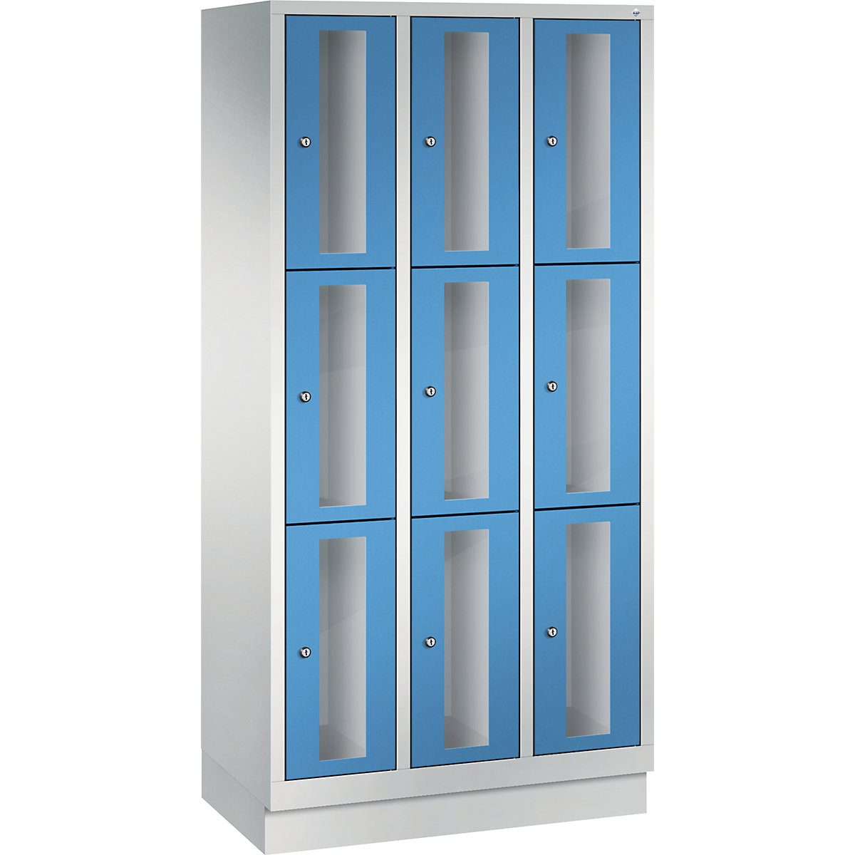 C+P – CLASSIC locker unit, compartment height 510 mm, with plinth, 9 compartments, width 900 mm, light blue door