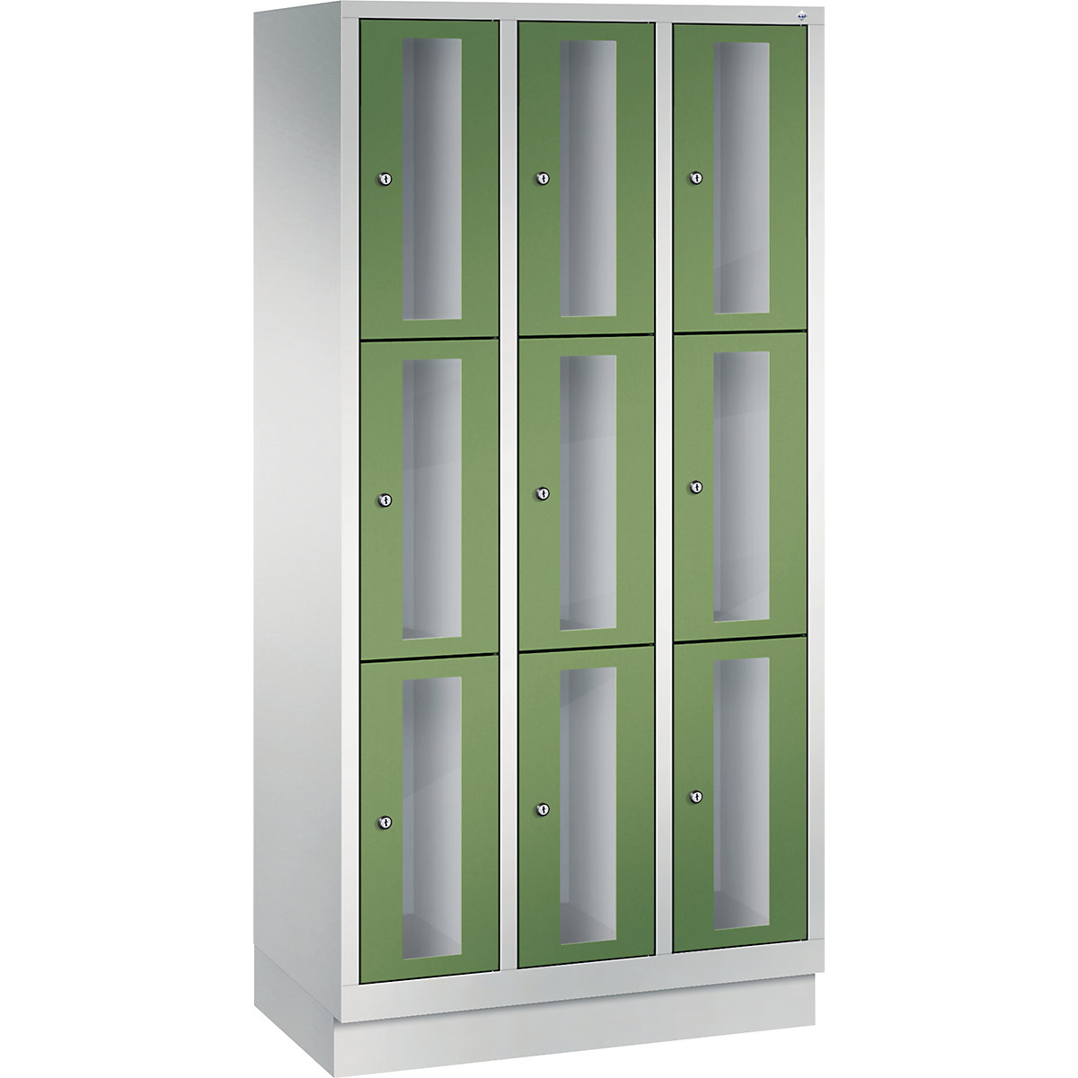 C+P – CLASSIC locker unit, compartment height 510 mm, with plinth, 9 compartments, width 900 mm, reseda green door