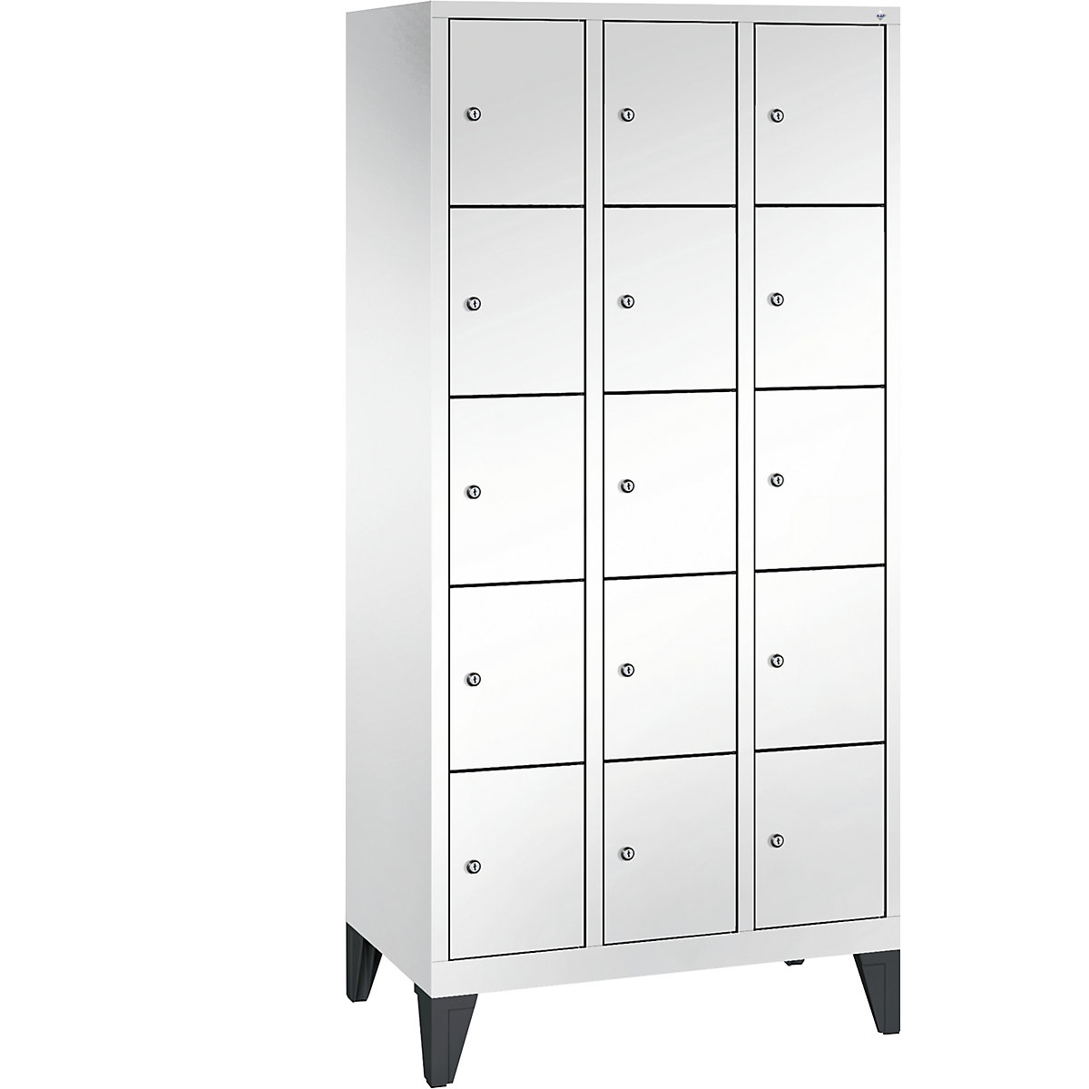 CLASSIC locker unit with feet – C+P, 3 compartments, 5 shelf compartments each, compartment width 300 mm, traffic white-7