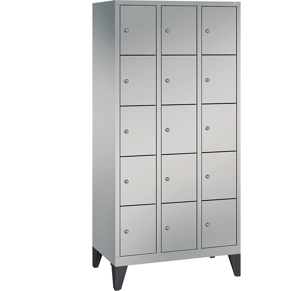 CLASSIC locker unit with feet – C+P, 3 compartments, 5 shelf compartments each, compartment width 300 mm, white aluminium-6
