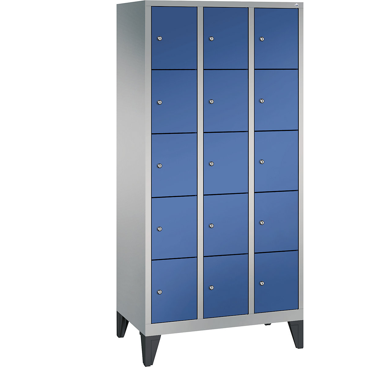 CLASSIC locker unit with feet – C+P, 3 compartments, 5 shelf compartments each, compartment width 300 mm, white aluminium / gentian blue-3