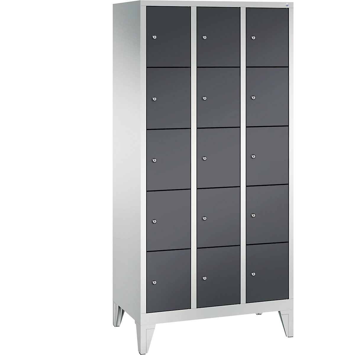 CLASSIC locker unit with feet – C+P, 3 compartments, 5 shelf compartments each, compartment width 300 mm, light grey / black grey-8