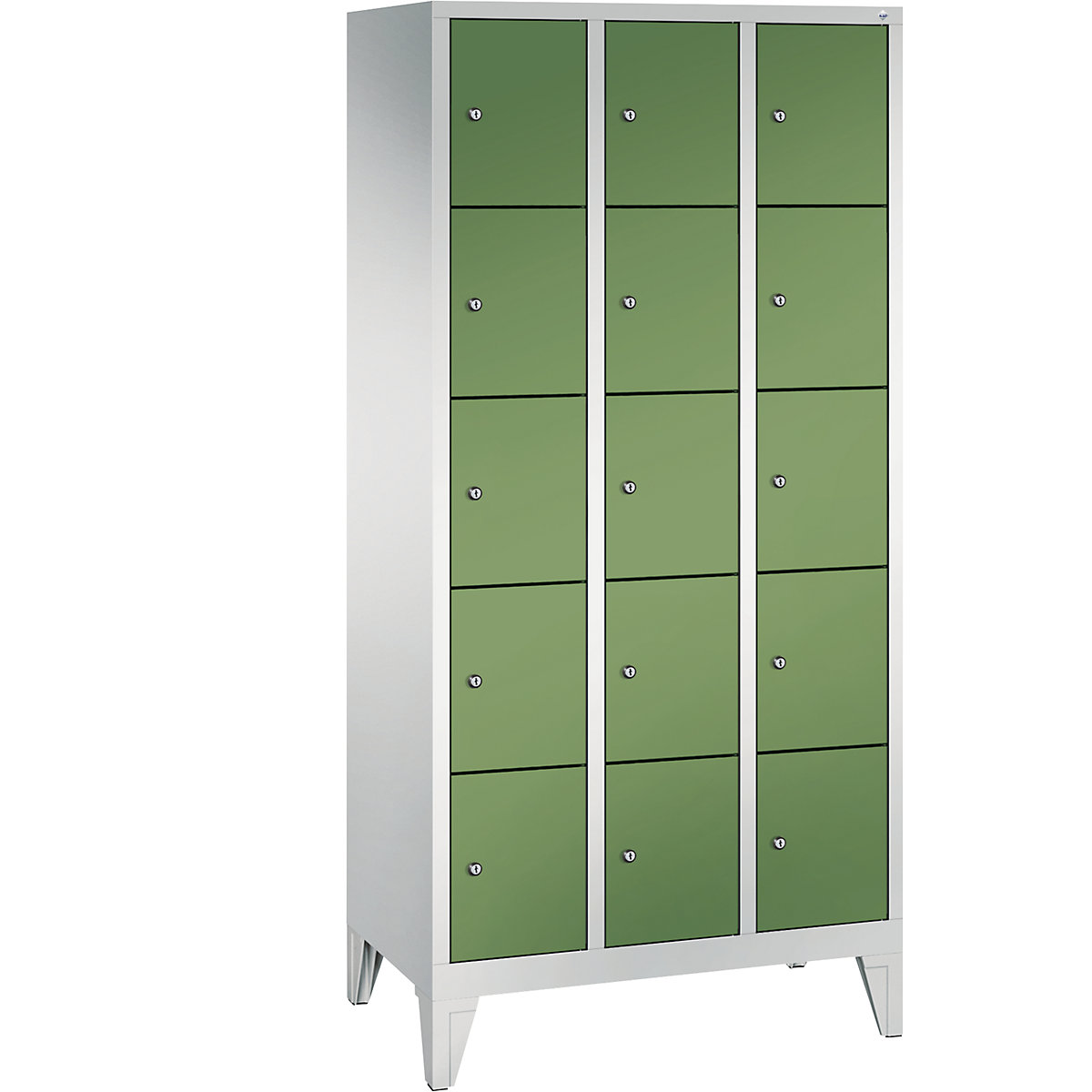 CLASSIC locker unit with feet – C+P, 3 compartments, 5 shelf compartments each, compartment width 300 mm, light grey / reseda green-9