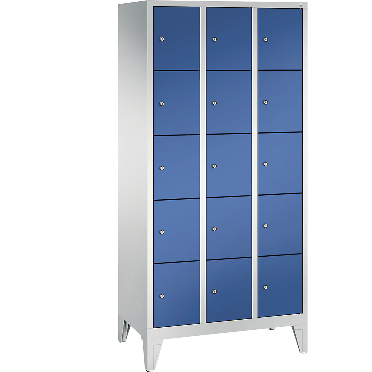 CLASSIC locker unit with feet – C+P, 3 compartments, 5 shelf compartments each, compartment width 300 mm, light grey / gentian blue-13