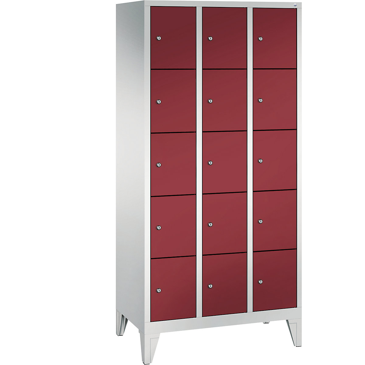 CLASSIC locker unit with feet – C+P, 3 compartments, 5 shelf compartments each, compartment width 300 mm, light grey / ruby red-10