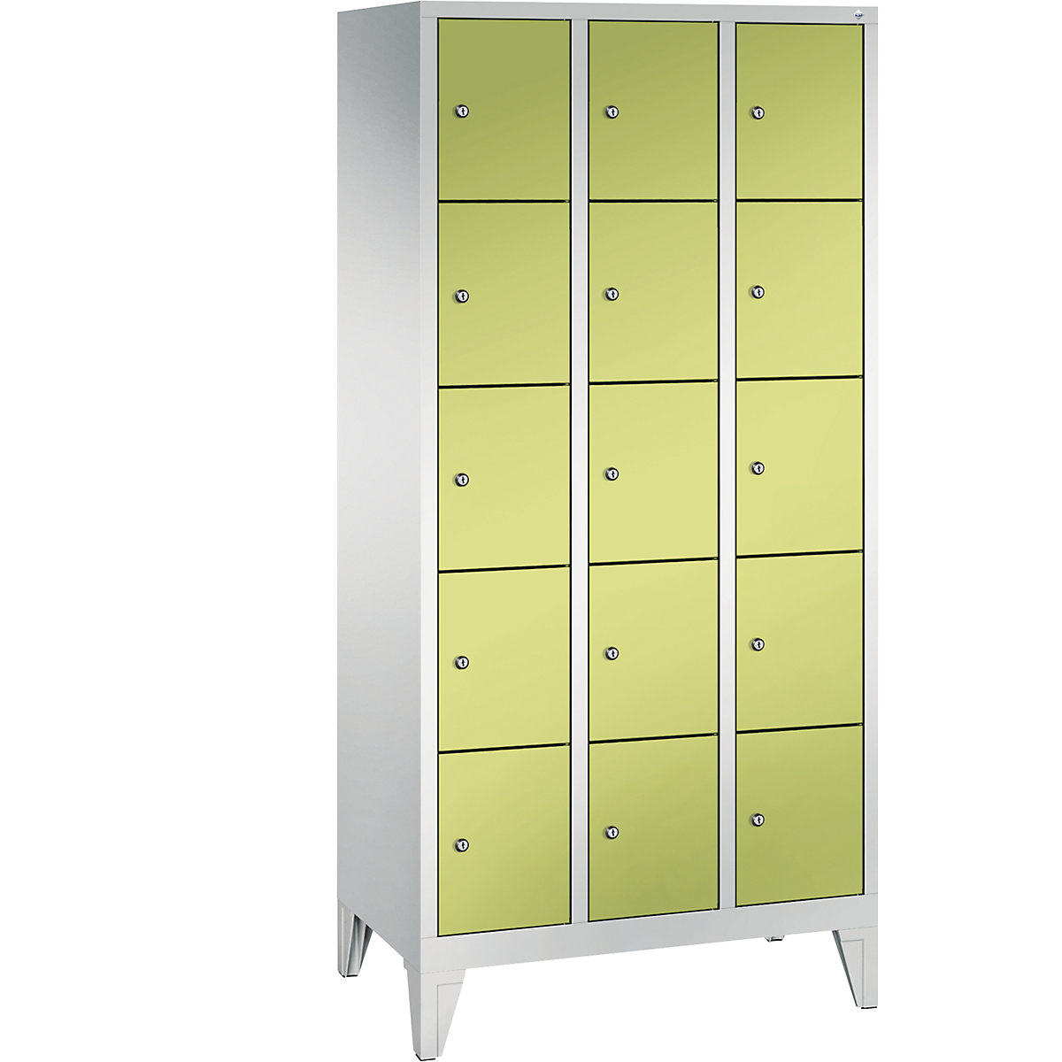 CLASSIC locker unit with feet – C+P, 3 compartments, 5 shelf compartments each, compartment width 300 mm, light grey / viridian green-4