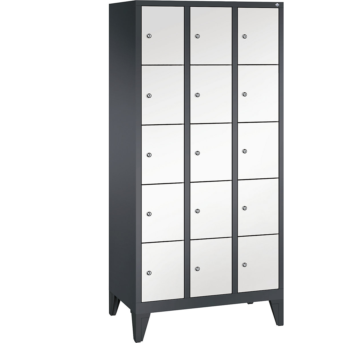 CLASSIC locker unit with feet – C+P, 3 compartments, 5 shelf compartments each, compartment width 300 mm, black grey / traffic white-14