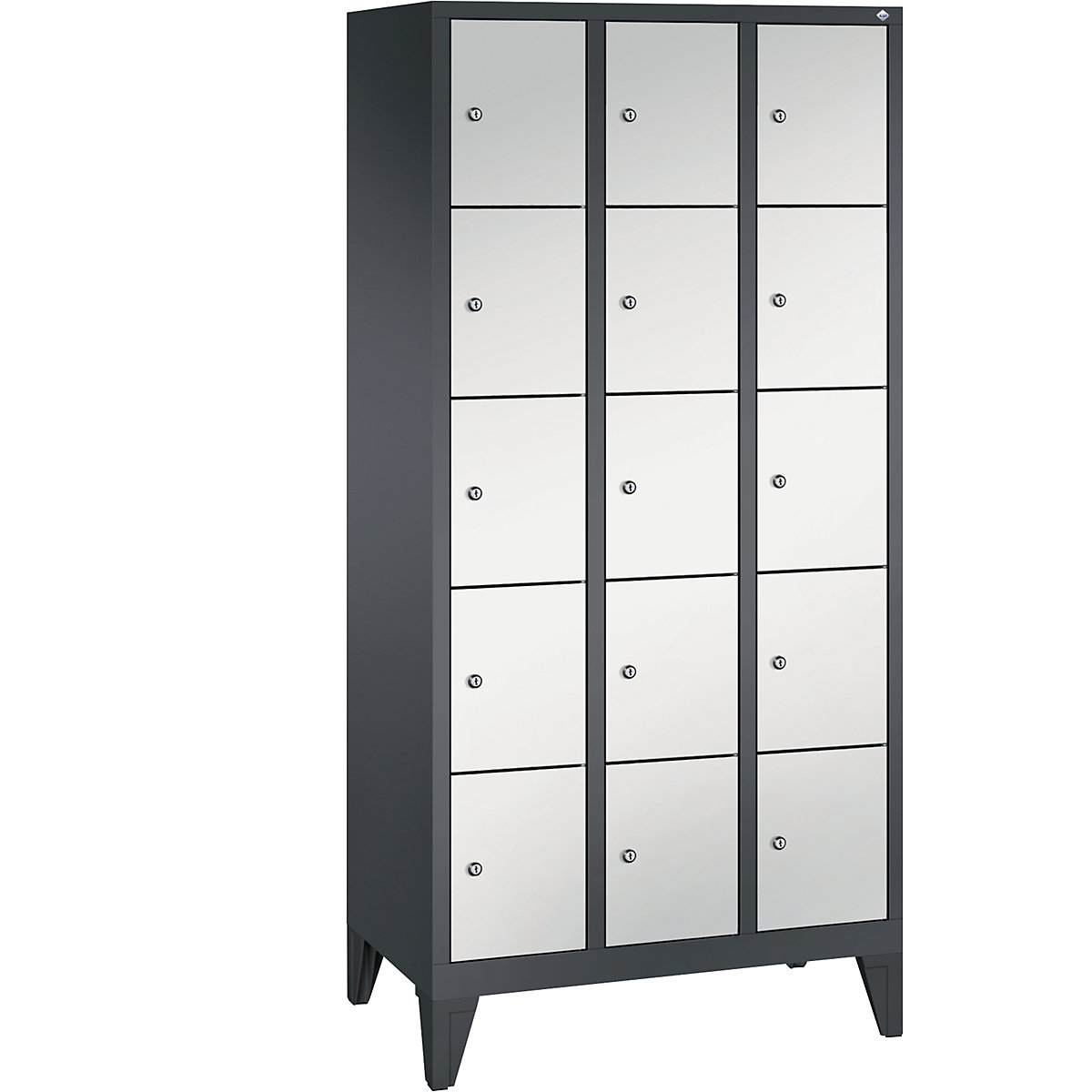 CLASSIC locker unit with feet – C+P, 3 compartments, 5 shelf compartments each, compartment width 300 mm, black grey / light grey-11