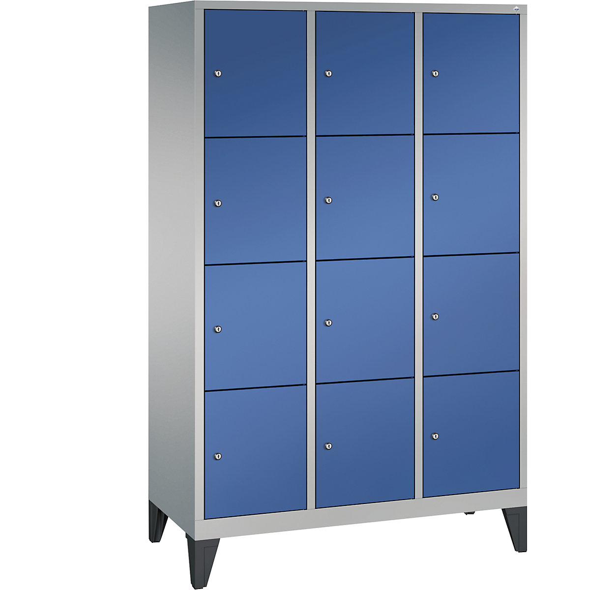 CLASSIC locker unit with feet – C+P, 3 compartments, 4 shelf compartments each, compartment width 400 mm, white aluminium / gentian blue-3