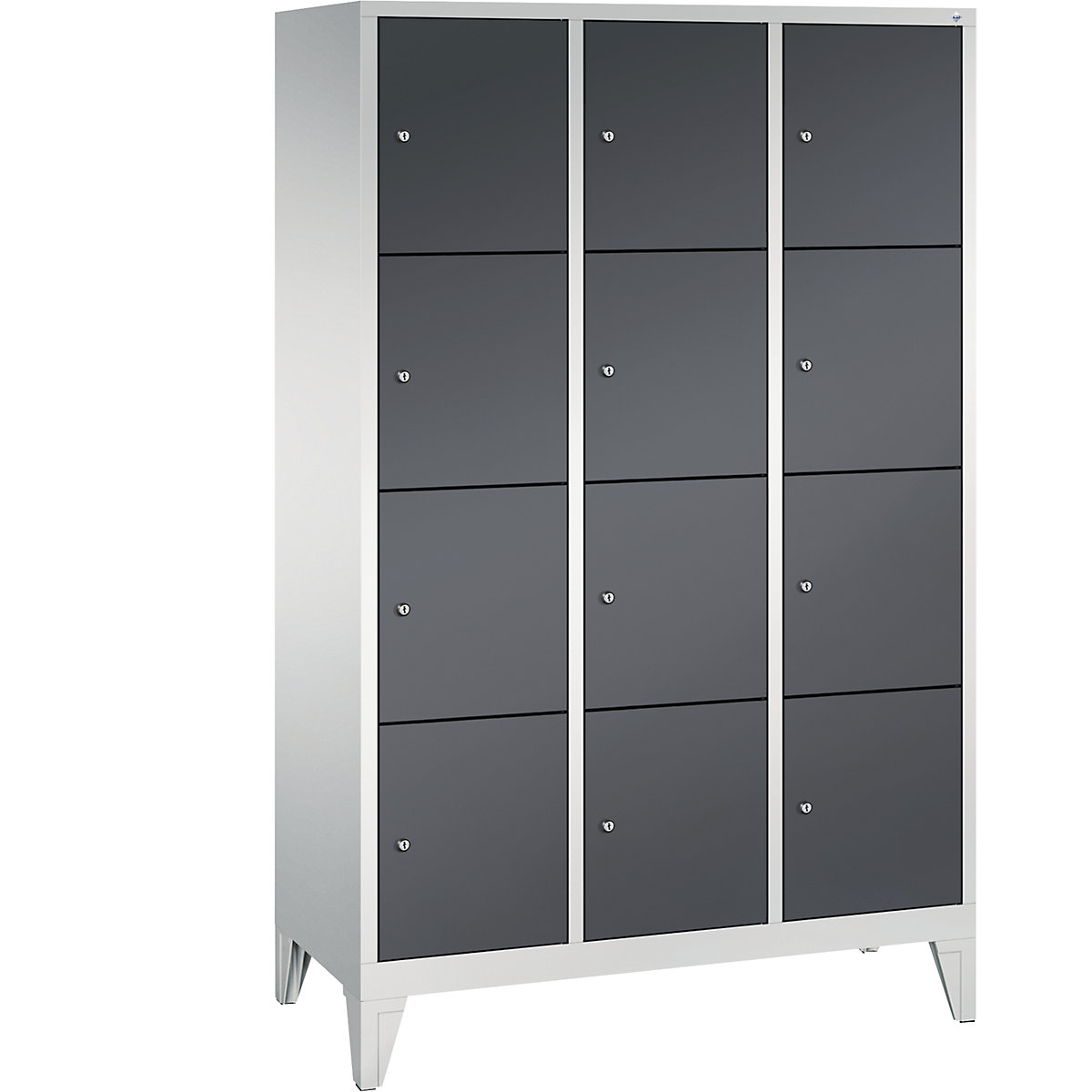 CLASSIC locker unit with feet – C+P, 3 compartments, 4 shelf compartments each, compartment width 400 mm, light grey / black grey-11