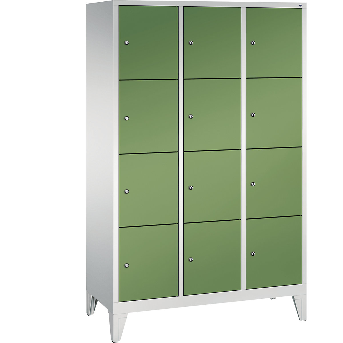 CLASSIC locker unit with feet – C+P, 3 compartments, 4 shelf compartments each, compartment width 400 mm, light grey / reseda green-12