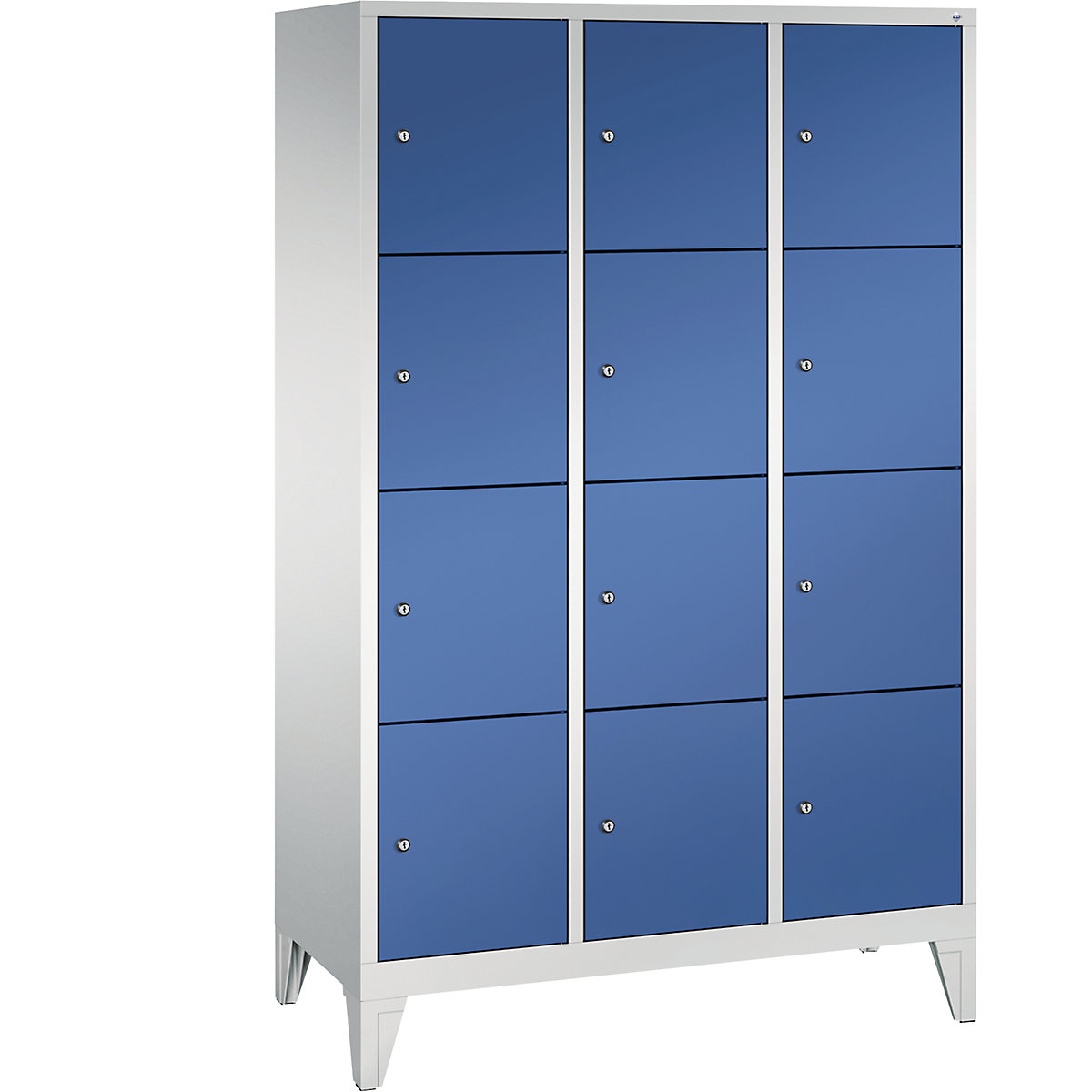 CLASSIC locker unit with feet – C+P, 3 compartments, 4 shelf compartments each, compartment width 400 mm, light grey / gentian blue-5
