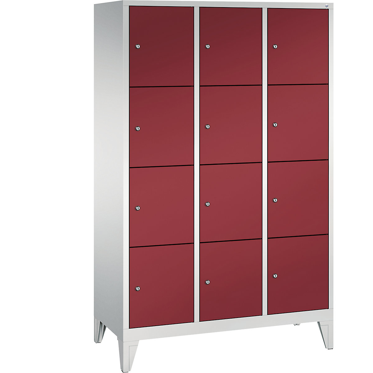 CLASSIC locker unit with feet – C+P, 3 compartments, 4 shelf compartments each, compartment width 400 mm, light grey / ruby red-10