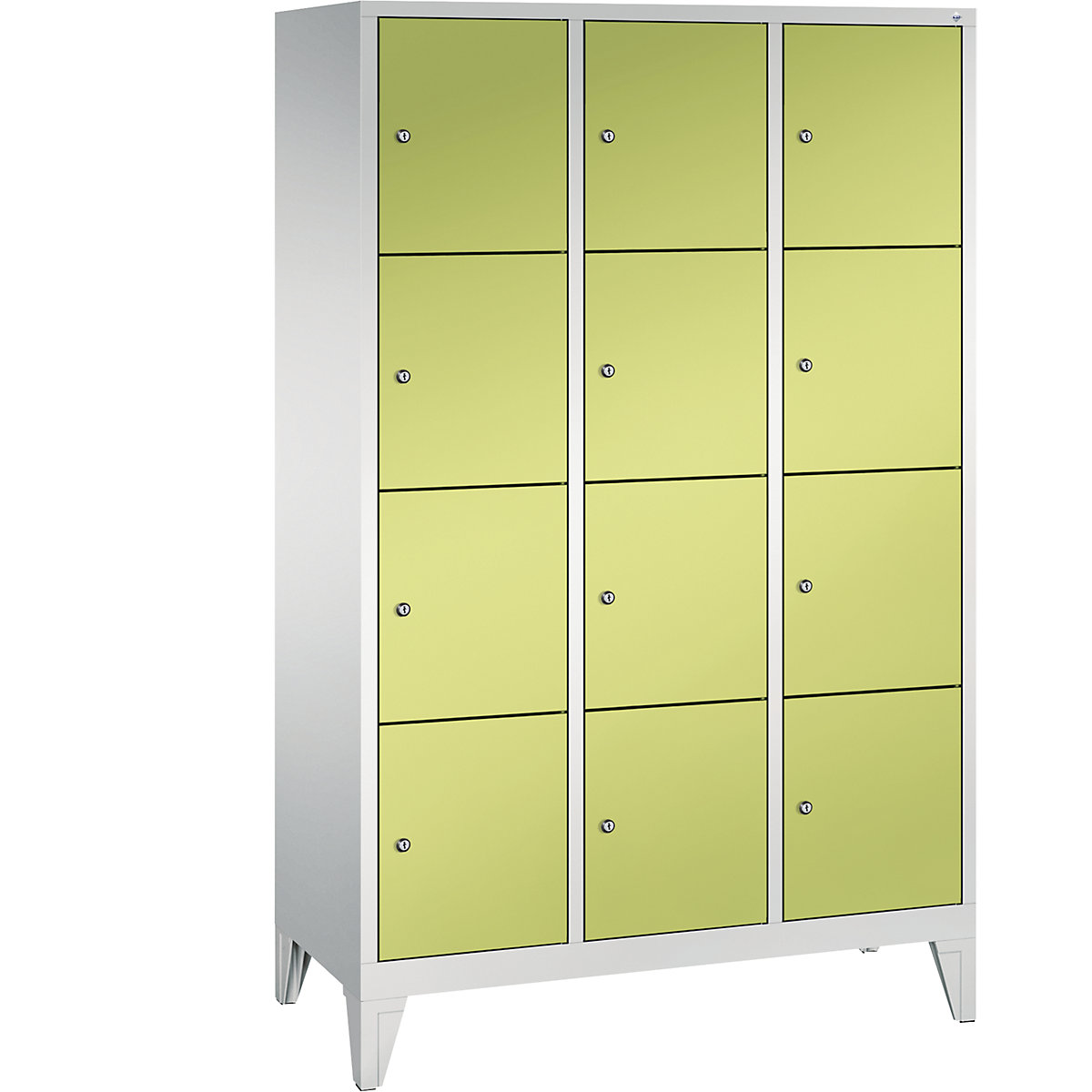 CLASSIC locker unit with feet – C+P, 3 compartments, 4 shelf compartments each, compartment width 400 mm, light grey / viridian green-8