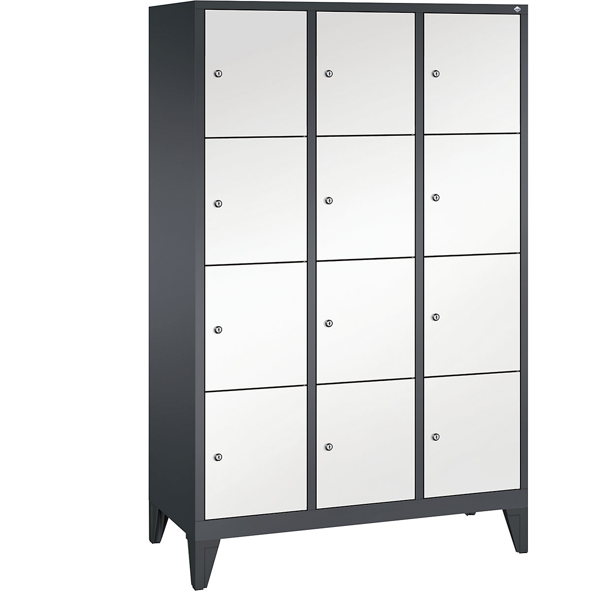 CLASSIC locker unit with feet – C+P, 3 compartments, 4 shelf compartments each, compartment width 400 mm, black grey / traffic white-14
