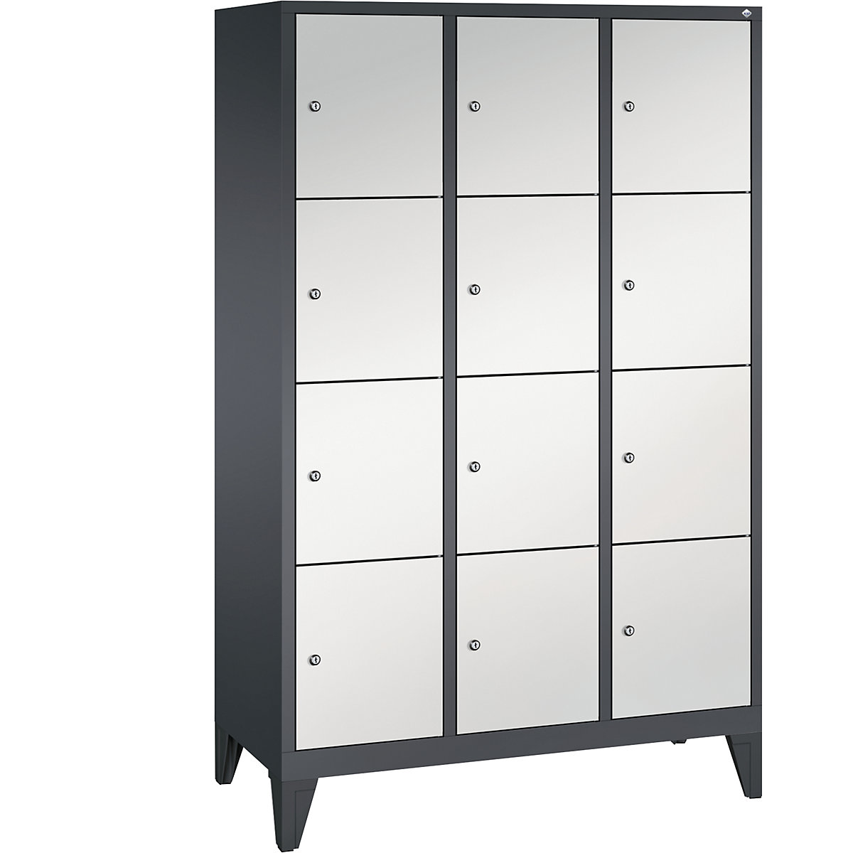 CLASSIC locker unit with feet – C+P, 3 compartments, 4 shelf compartments each, compartment width 400 mm, black grey / light grey-4