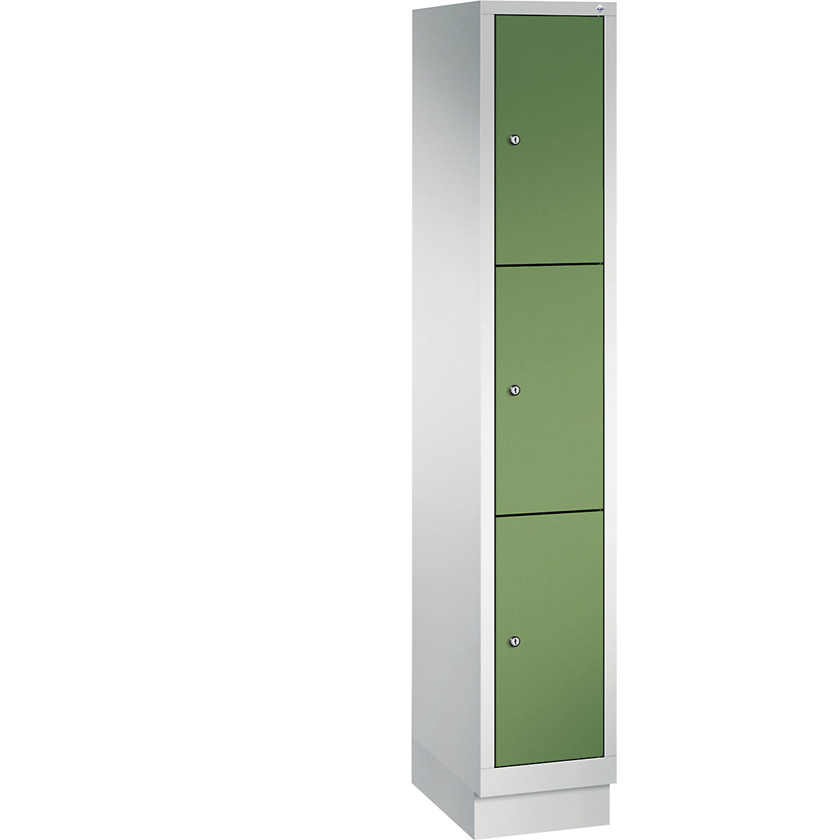 CLASSIC locker unit with plinth – C+P, 1 compartment, 3 shelf compartments, compartment width 300 mm, light grey / reseda green-5