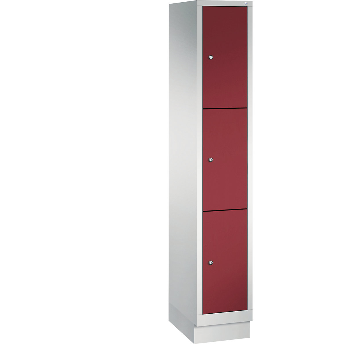 CLASSIC locker unit with plinth – C+P, 1 compartment, 3 shelf compartments, compartment width 300 mm, light grey / ruby red-10