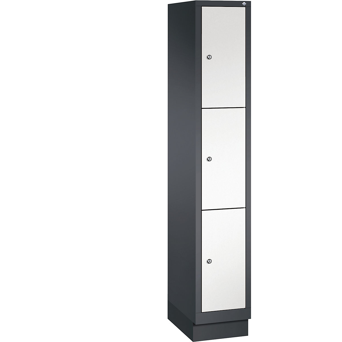 CLASSIC locker unit with plinth – C+P, 1 compartment, 3 shelf compartments, compartment width 300 mm, black grey / traffic white-12