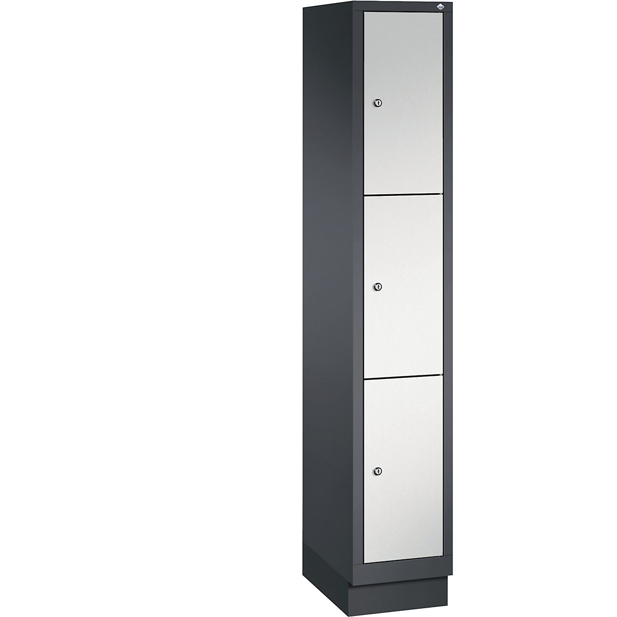 CLASSIC locker unit with plinth – C+P, 1 compartment, 3 shelf compartments, compartment width 300 mm, black grey / light grey-9
