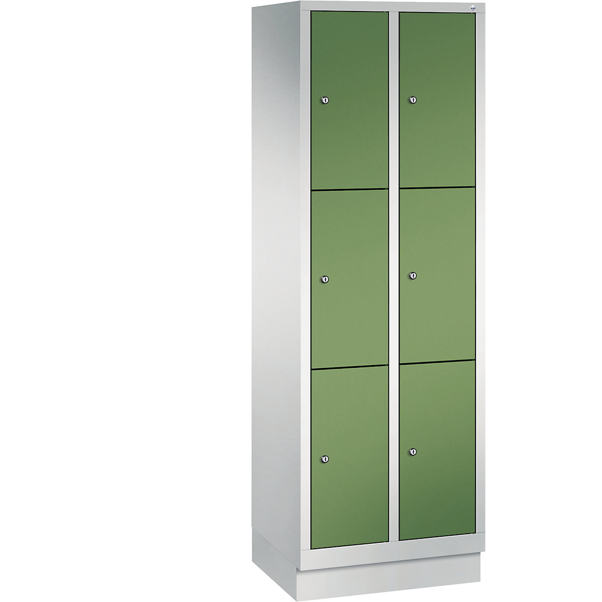 CLASSIC locker unit with plinth – C+P, 2 compartments, 3 shelf compartments each, compartment width 300 mm, light grey / reseda green-9