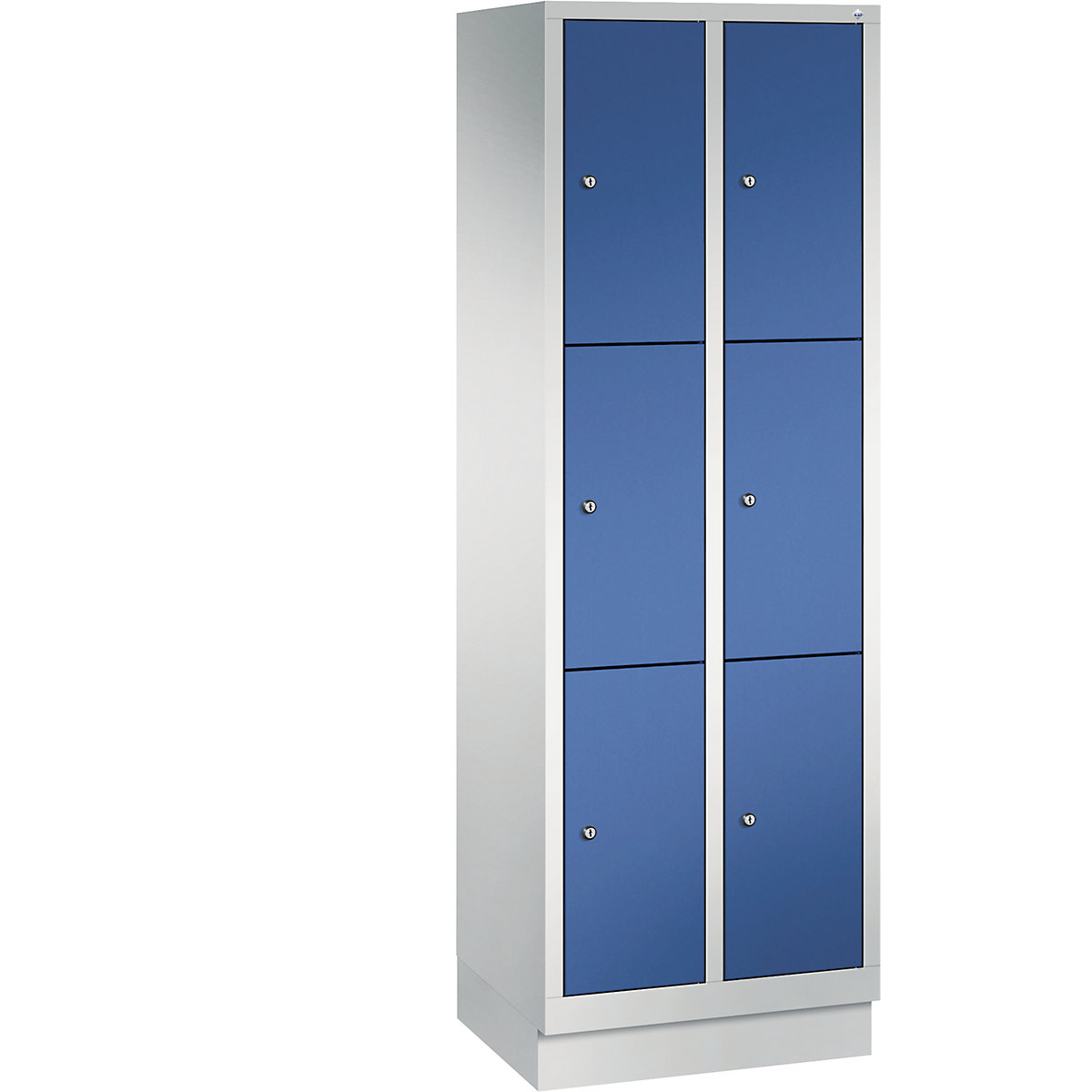 CLASSIC locker unit with plinth – C+P, 2 compartments, 3 shelf compartments each, compartment width 300 mm, light grey / gentian blue-10