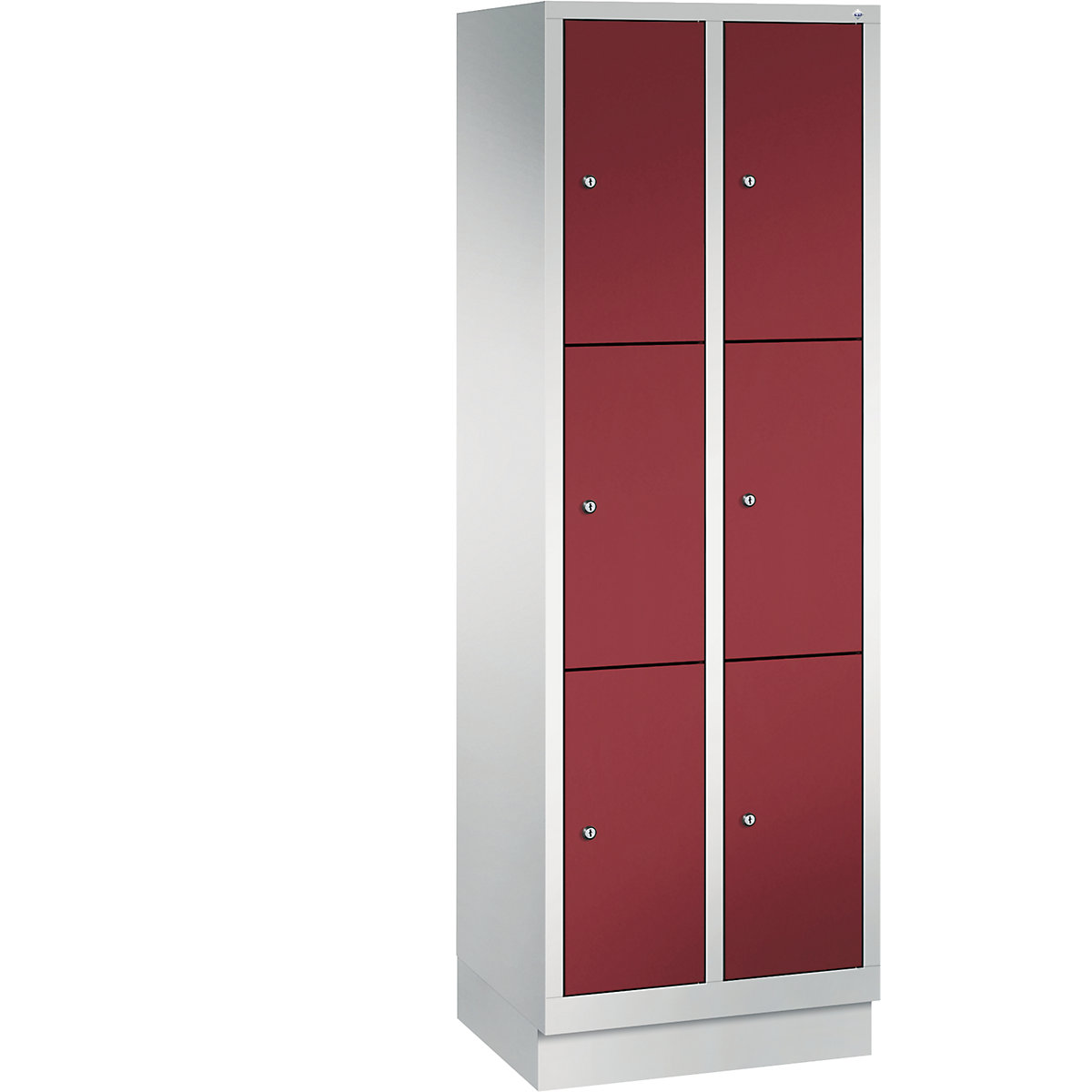 CLASSIC locker unit with plinth – C+P, 2 compartments, 3 shelf compartments each, compartment width 300 mm, light grey / ruby red-13